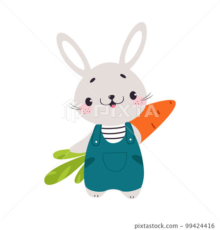 Cute Grey Bunny Character Holding Ripe Carrot Crop Vector Illustration 99424416