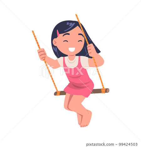 Smiling little brunette girl swinging on swing. Happy child having fun cartoon vector illustration i 99424503