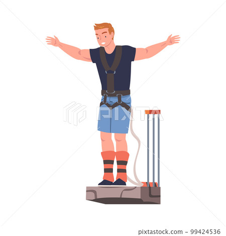 Bungee Jumping with Man Character Ready to Leap for Free Falling Down from Great Height Connected to Elastic Cord Vector Illustration 99424536