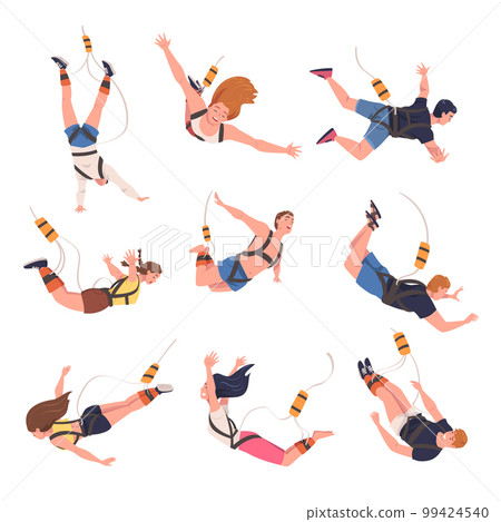 Bungee Jumping with People Character Free Falling Down from Great Height Connected to Elastic Cord Vector Set 99424540
