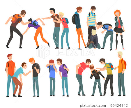 Conflicts at school set. Teenage students bullying another. Abuse and personal violence cartoon vector illustration 99424542
