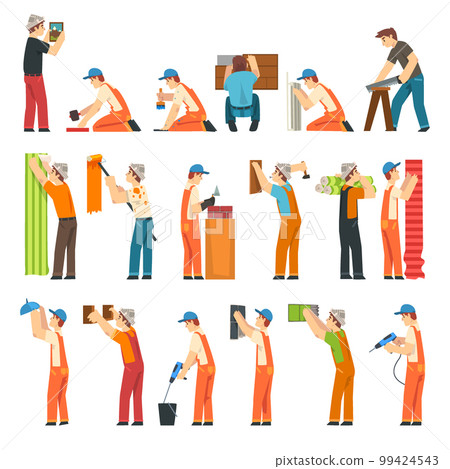 Man Builder Character in Orange Overall and Cap Engaged in Construction Work Big Vector Set Man Builder Character in Orange Overall and Cap Engaged in Construction Work Big Vector Set 99424543