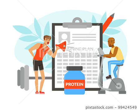 Brutal Man Sports Coach with Megaphone Shouting Giving Instruction and Training in Gym Vector Illustration Brutal Man Sports Coach with Megaphone Shouting Giving Instruction and Training in Gym Vector Illustration 99424549