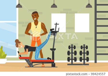 Brutal African American Man Sports Coach Giving Instruction and Training Woman in Gym Vector Illustration Brutal African American Man Sports Coach Giving Instruction and Training Woman in Gym Vector Illustration 99424557