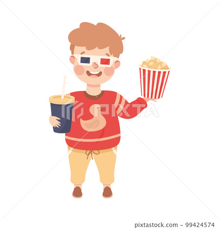 Little Boy Character with Popcorn, Soda and Wearing 3D Glasses Visiting Cinema Vector Illustration Little Boy Character with Popcorn, Soda and Wearing 3D Glasses Visiting Cinema Vector Illustration 99424574