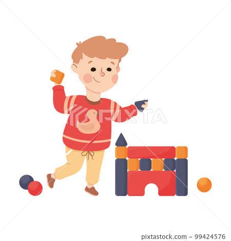 Little Boy Character Building Castle with Toy Blocks Vector Illustration 99424576