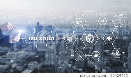 ISO 27001. International information security standard. Concept of ISO standards quality control warranty 99424735