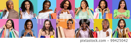 Happy Customers. Portraits Of Cheerful Multiethnic Women With Shopping Bags In Hands 99425042