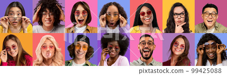 Mosaic of multiracial men and women in eyeglasses, collage Mosaic of multiracial men and women in eyeglasses, collage 99425088