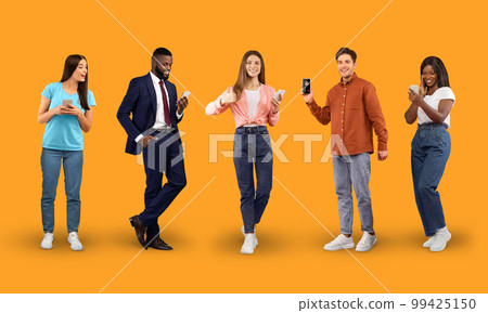 Creative Collage With Diverse Multiethnic People Talking Or Messaging On Smartphones 99425150