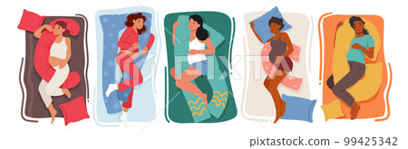 Set of Expectant Mother Characters Sleeping Soundly With Specialized Pregnancy Cushion To Ensure Comfortable Rest 99425342