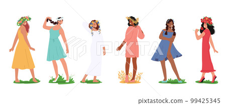 Set Of Young Women With Floral Crowns On Their Heads. Isolated Female Characters Wear Nice Summertime Dresses Set Of Young Women With Floral Crowns On Their Heads. Isolated Female Characters Wear Nice Summertime Dresses 99425345