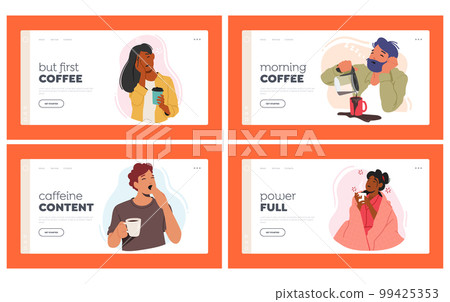 Tired Sleepy People Needing Coffee Landing Page Template Set. Drowsy Characters In Need Of A Caffeine Fix 99425353
