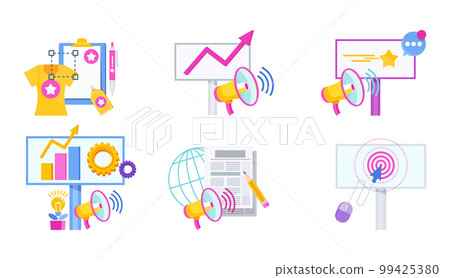Advertising and promotion icons set. Promotion strategy. Digital Marketing. 99425380