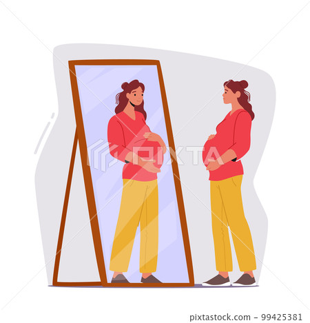 Pregnant Woman With Hands On Belly Looks At Herself In Mirror. Her Reflection Shows A Beautiful, Glowing Woman 99425381