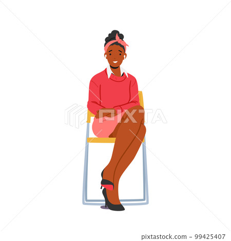 Young Female Character Sitting On Chair With Smiling Expression Isolated On White Background. Woman Gazing 99425407