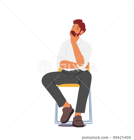 Man With Serious Expression Sitting On Wooden Chair Looks Pensive And Reflective. Thinking Search Solution 99425409