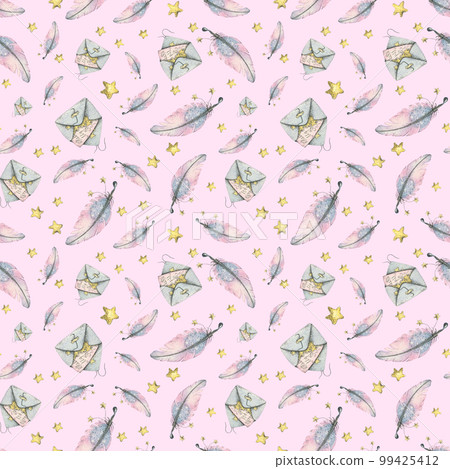Magic letters in envelopes, feathers and stars on a pink background. Watercolor illustration. Seamless pattern from the MAGIC OWLS collection. For fabric, wallpaper, wrapping paper, scrapbooking. Magic letters in envelopes, feathers and stars on a pink background. Watercolor illustration. Seamless pattern from the MAGIC OWLS collection. For fabric, wallpaper, wrapping paper, scrapbooking. 99425412