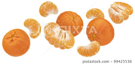 Falling mandarin orange fruits isolated on white background, collection Falling mandarin orange fruits isolated on white background, collection 99425536