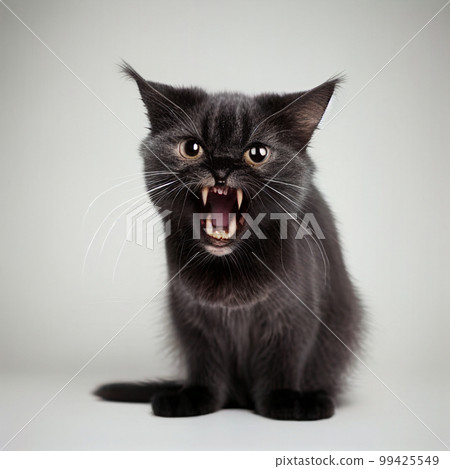 Angry black cat, black cat bared its fangs, isolated on white, close-up Angry black cat, black cat bared its fangs, isolated on white, close-up 99425549