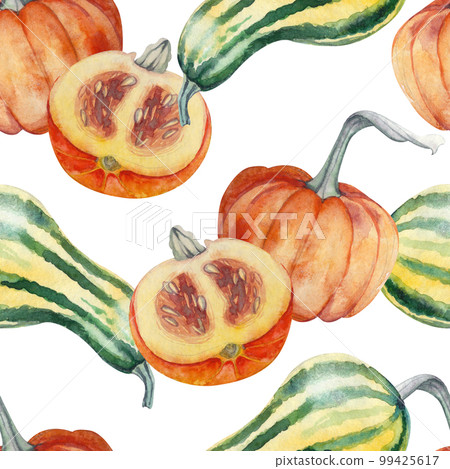 Seamless pattern of orange and striped pumpkins on a white background. All elements are hand painted in watercolor. Suitable for printing on fabric, invitations, postcards and for decoration Seamless pattern of orange and striped pumpkins on a white background. All elements are hand painted in watercolor. Suitable for printing on fabric, invitations, postcards and for decoration 99425617