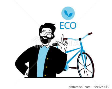 Zero waste concept with character situation. Man cares about environment and ecology of planet, rides bicycle and leads healthy lifestyle. Vector illustration with people scene in flat design for web 99425619