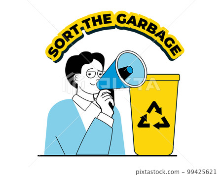 Zero waste concept with character situation. Activist with megaphone calls for sorting garbage, separating and sending it for recycling. Vector illustration with people scene in flat design for web 99425621