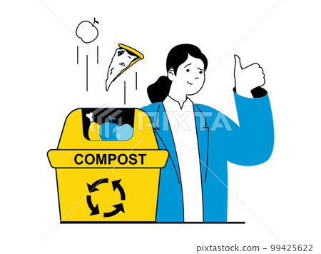 Zero waste concept with character situation. Woman sorts and separates garbage, using organic waste to create garden compost in container. Vector illustration with people scene in flat design for web 99425622