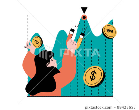 Stock trading concept with character situation. Woman analyzes financial chart and attracts positive trend with magnet to increases income. Vector illustration with people scene in flat design for web 99425653