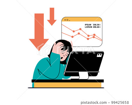 Stock trading concept with character situation. Woman loses all her investments and becomes bankrupt from negative trends in exchange. Vector illustration with people scene in flat design for web Stock trading concept with character situation. Woman loses all her investments and becomes bankrupt from negative trends in exchange. Vector illustration with people scene in flat design for web 99425658