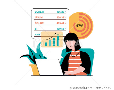 Stock trading concept with character situation. Woman earning money, analyzes data and has successful financial strategy on exchange. Vector illustration with people scene in flat design for web Stock trading concept with character situation. Woman earning money, analyzes data and has successful financial strategy on exchange. Vector illustration with people scene in flat design for web 99425659