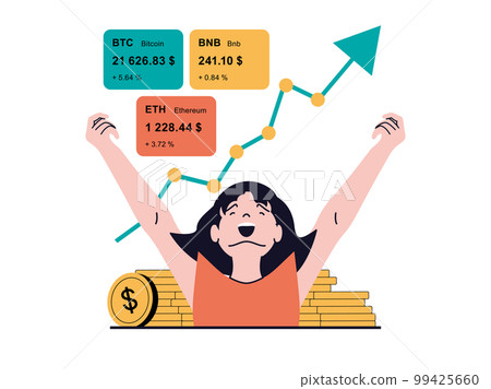 Stock trading concept with character situation. Happy excited woman makes money and has successful financial strategy on stock exchange. Vector illustration with people scene in flat design for web Stock trading concept with character situation. Happy excited woman makes money and has successful financial strategy on stock exchange. Vector illustration with people scene in flat design for web 99425660