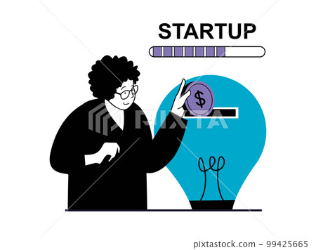 Startup concept with character situation. Woman brainstorms and invests in her business idea, develops enterprise and achieves success. Vector illustration with people scene in flat design for web 99425665