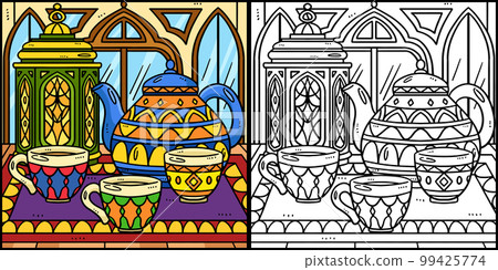 Ramadan Lantern and Tea Set Coloring Illustration Ramadan Lantern and Tea Set Coloring Illustration 99425774