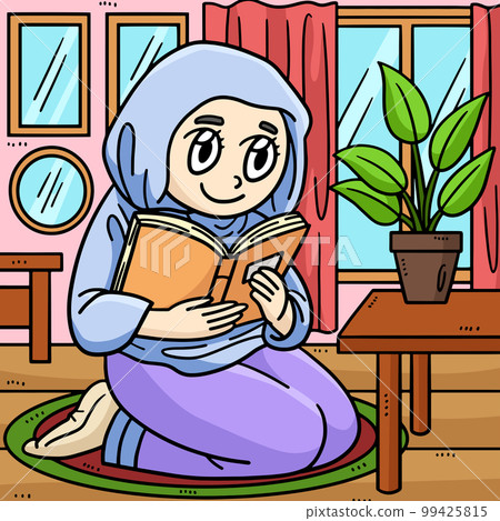 Ramadan Muslim Woman Reading Quran Colored Cartoon Ramadan Muslim Woman Reading Quran Colored Cartoon 99425815