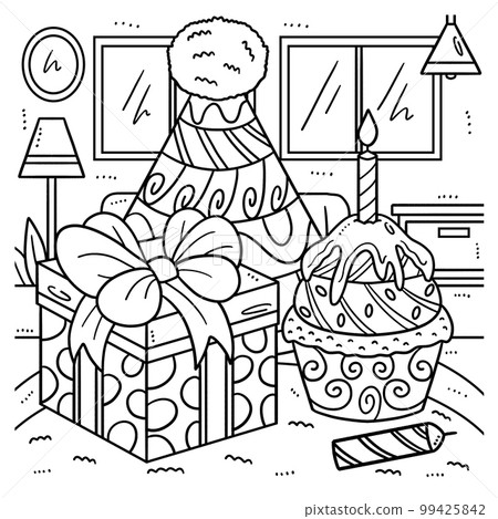 Birthday Cupcake , Party Hat, and Gift Coloring  99425842