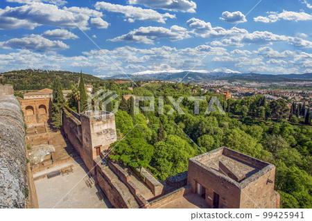 Idyllic panorama of Granada and part of the Alhambra fortress and nature with the snow-capped mountains of the Sierra Nevada 99425941