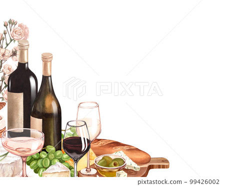Watercolor red wine bottle, fresh ripe green grapes, cheese on the wood cutting board. Hand draw background with food objects for picnic. Concept for wine list, label, banner, menu, flyer, template Watercolor red wine bottle, fresh ripe green grapes, cheese on the wood cutting board. Hand draw background with food objects for picnic. Concept for wine list, label, banner, menu, flyer, template 99426002