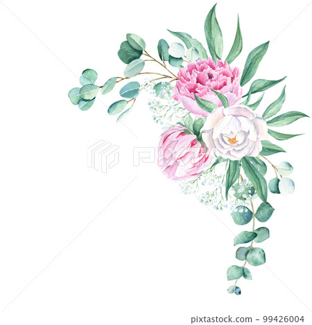 Watercolor bouquet, corner, white and pink peony, eucalyptus and gypsophila branches. Hand painted illustration isolated on white background. Can be used for greeting cards, wedding invitations, save 99426004
