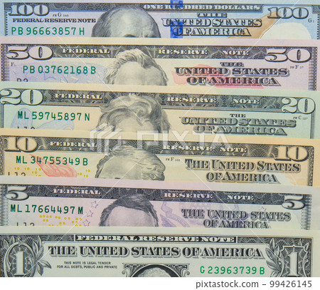 Background top view layout of modern USD currency, banknotes 1, 5, 10, 20, 50, 100. High quality photo 99426145