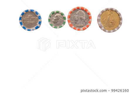 Photo of rolled US coins nickels, dimes, quarters, dollar placed on end, isolated on white background with clipping paths, copy space. High quality photo Photo of rolled US coins nickels, dimes, quarters, dollar placed on end, isolated on white background with clipping paths, copy space. High quality photo 99426160