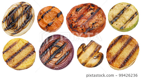 Falling grilled vegetable slices isolated on white background 99426236