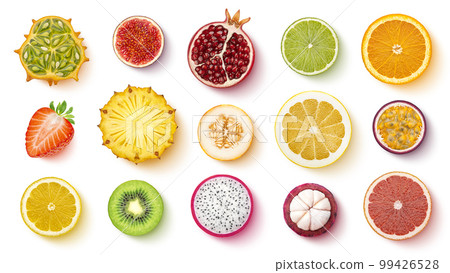 Fruits and berries isolated on white background, top view, flat lay Fruits and berries isolated on white background, top view, flat lay 99426528