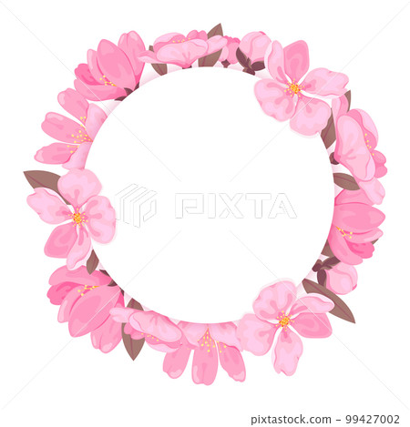 Cherry blossom round floral frame 3d pink flat. Circle bloom spring avatar picture border sakura photo design lettering greeting card invitation seasonal ads fashion banner Japanese style isolated 99427002