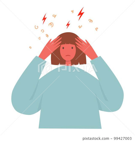 Unhappy sad girl with bad mood, suffering from grief, soul hurt, offense, sorrow and other negative psychological states and problems. Colored flat vector illustration isolated on white 99427003