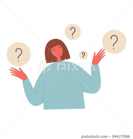 Unhappy sad girl with bad mood, suffering from grief, soul hurt, offense, sorrow and other negative psychological states and problems. Colored flat vector illustration isolated on white 99427006