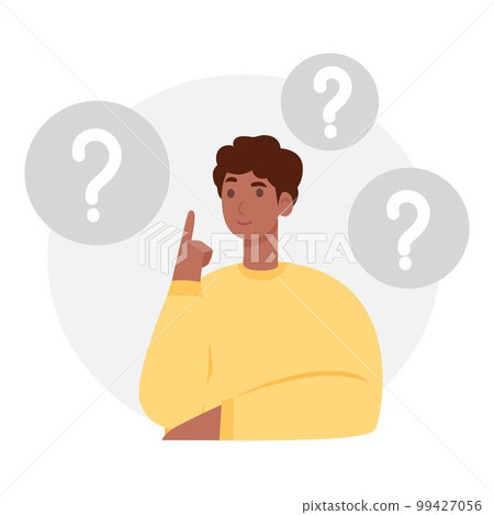 Choice between two or more options. Dilemma concept. Puzzled questioned man doubting, deciding, choosing, comparing alternatives, risks. Flat graphic vector illustration isolated on white background Choice between two or more options. Dilemma concept. Puzzled questioned man doubting, deciding, choosing, comparing alternatives, risks. Flat graphic vector illustration isolated on white background 99427056
