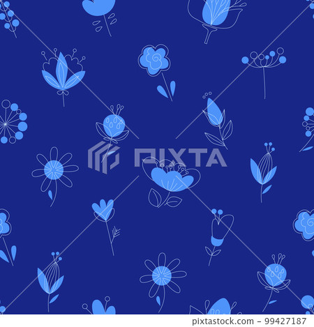 Floral blue print for boys. Floral blue flowers seamless shirt fabric pattern. One line floral decorative pattern 99427187