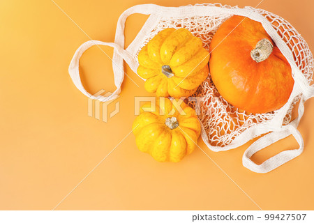 Autumn vegetables.Halloween Pumpkins.Various of pumpkins in a mesh bag of fabric Orange background.Copy space.Vegetable fall food concept.Composition of different varieties pumpkins.Happy Thanksgiving 99427507