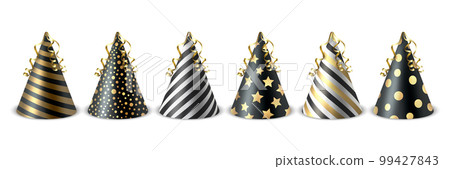 Vector 3d Realistic Black and Golden Birthday Party Hat Icon Set Isolated on White Background. Party Cap Design Template for Party Banner, Greeting Card. Holiday Hats, Cone Shape, Front View 99427843